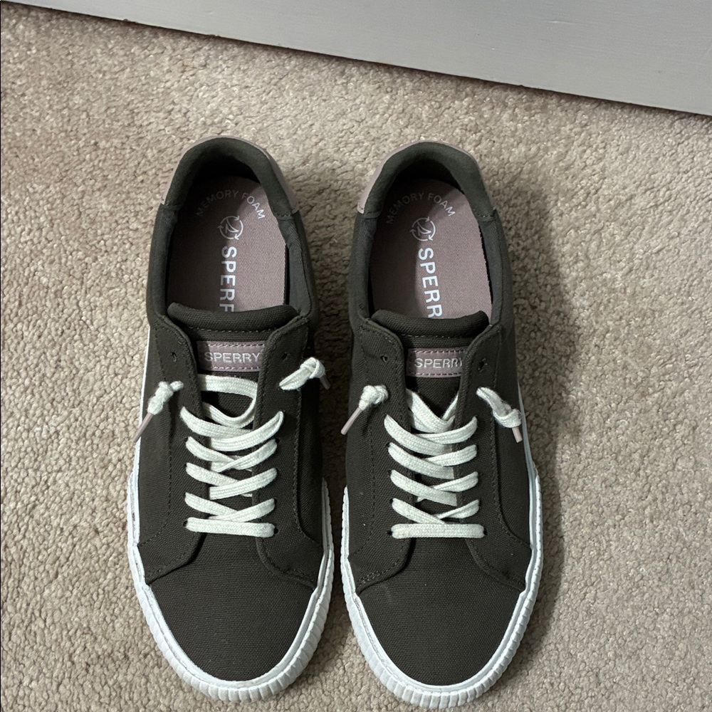 Sperry Olive Canvas Lace-Up Boat Sneakers with White Soles